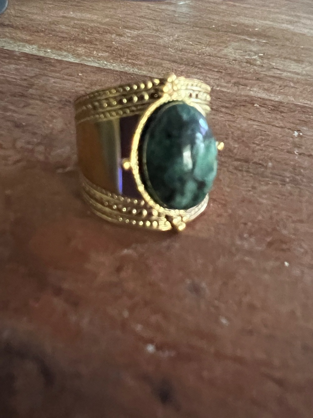 Vintage Greek Style Byzantine Gold Tone Statement Ring Green Cabochon Granulated